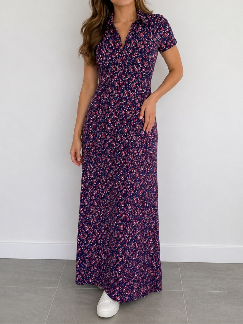 Eddie Bauer Navy Maxi Dress with Pink Floral Print Petite Size Small